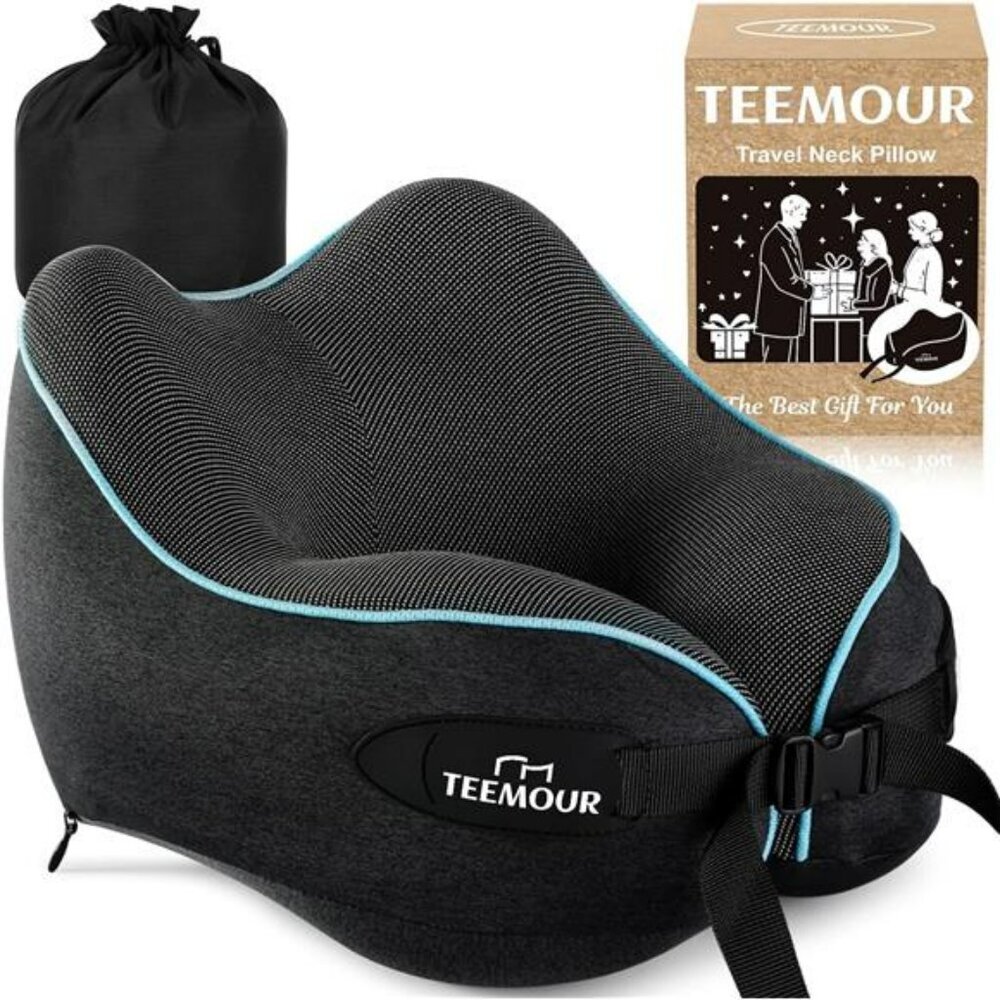 Memory Foam Travel Neck Pillow for Airplane 360 Support Compact Flight Headrest
